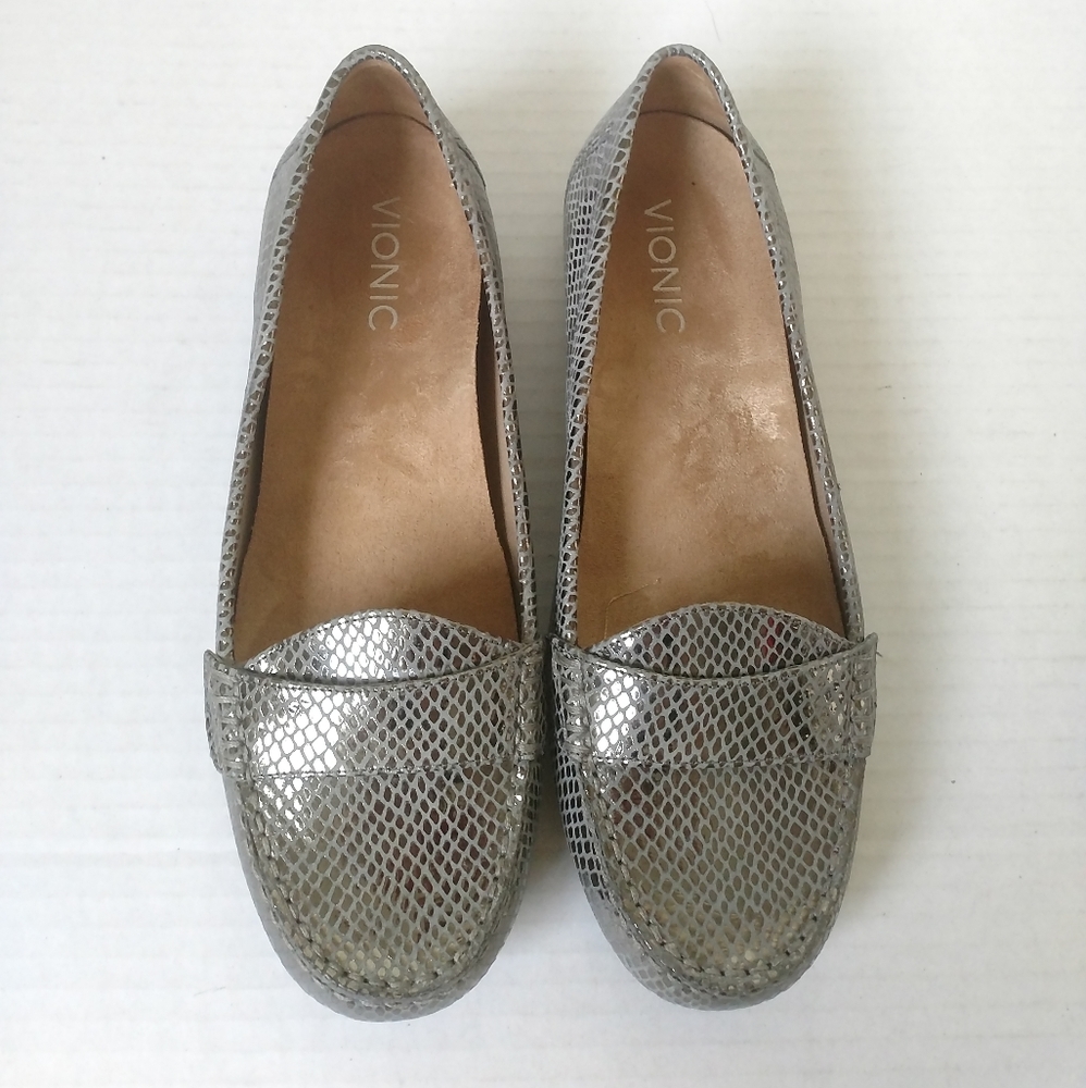 Vionic Metallic Silver Snake-Embossed Loafers